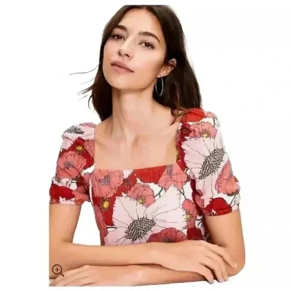 Ann Taylor Loft Coral Large Floral Poppy Square Neck Puff Sleeve Dress 4 - Picture 3 of 15